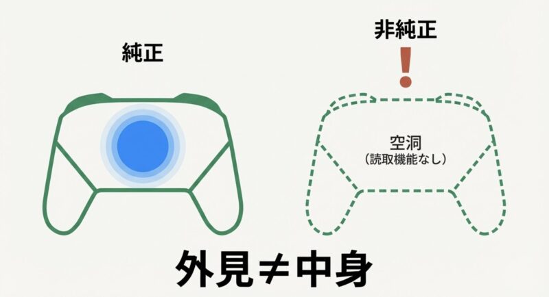 純正 と非純正 の外見≠中身 を示し、非純正は空洞(読取機能なし) であることを解説する図