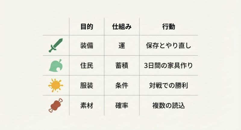 目的、仕組み、行動をゲーム別にまとめた一覧表