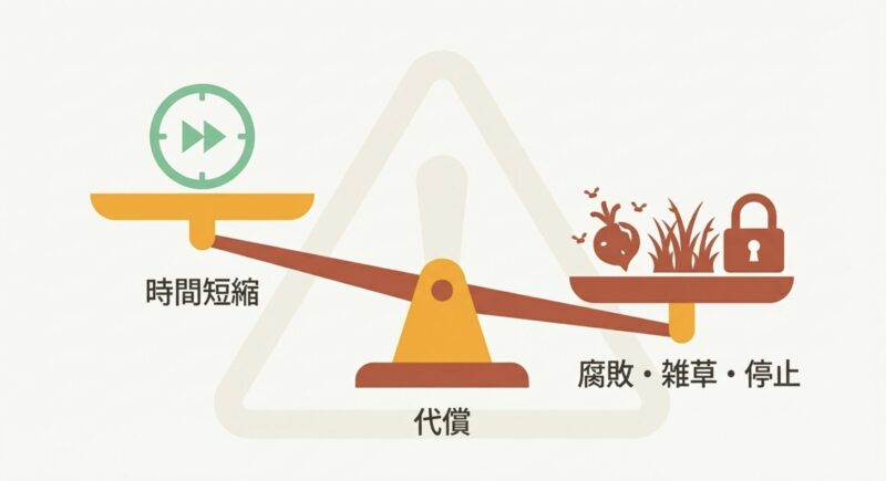 時間短縮 の代償 として生じる、腐敗・雑草・停止 のリスク