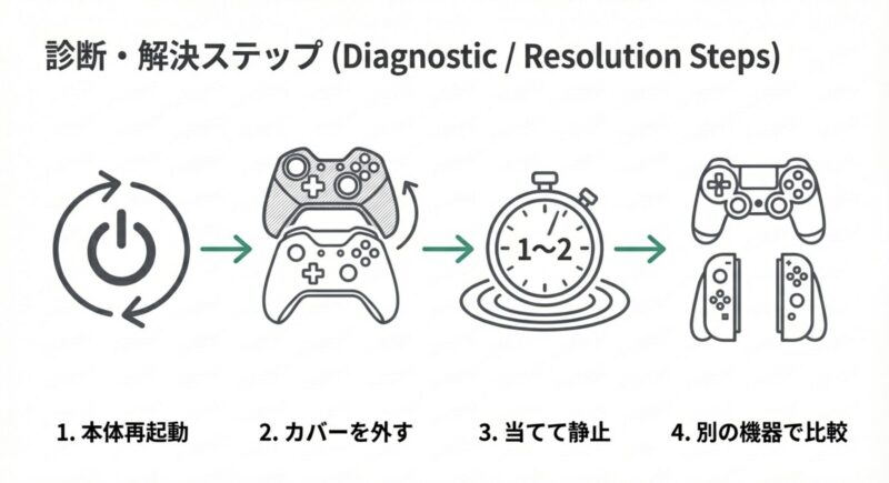 本体再起動、カバー取り外し、静止して読み取り、別機器での比較を示すトラブルシューティングのステップ図