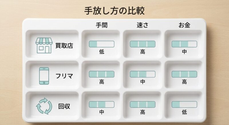 アミーボを手放す方法（買取店・フリマ・回収）の手間・速さ・お金の比較