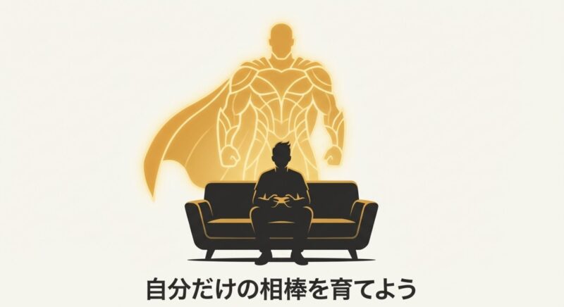 ゲームをプレイするプレイヤーの背後に、育てたアミーボが強力な相棒として立つイメージ画像