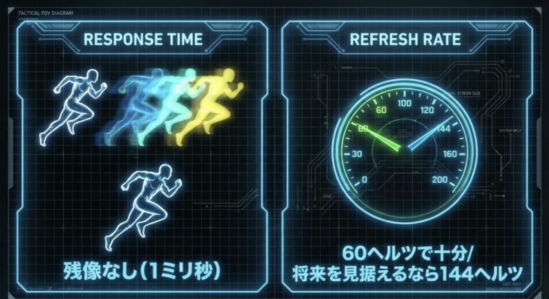残像なしの1ミリ秒のイメージと、60ヘルツで十分だが将来を見据えるなら144ヘルツというメーター図