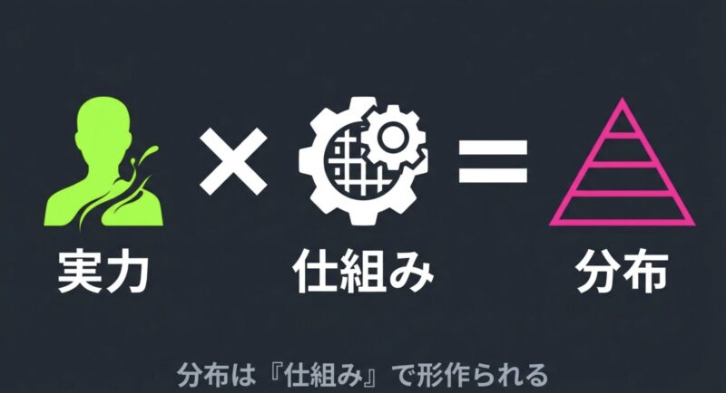 「分布は仕組みで形作られる」というテキストとプレイヤーのシルエット画像