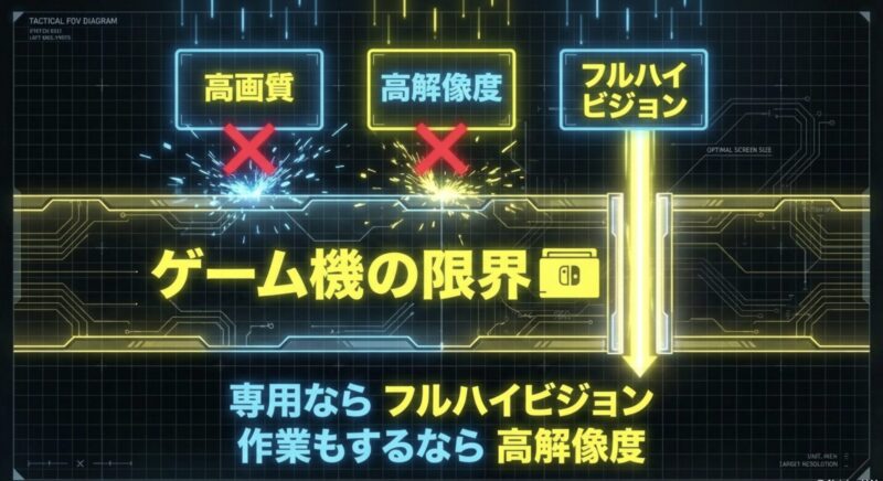 ゲーム機の限界として、専用ならフルハイビジョン、作業もするなら高解像度が適していることを解説した図
