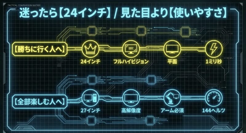 勝ちに行く人には24インチ・フルHD・平面・1ミリ秒、全部楽しむ人には27インチ・高解像度・アーム必須・144ヘルツをおすすめするフローチャート図