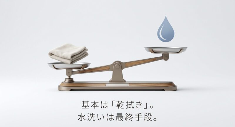 基本は乾拭き、水洗いは最終手段であるというテキスト