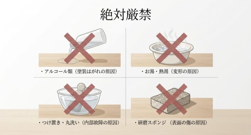 丸洗い、熱湯、つけ置き、研磨スポンジなどが絶対厳禁であることを示すバツ印のついたイラスト群