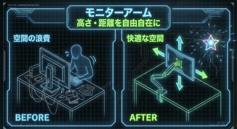 モニターアームを使うことで空間の浪費を防ぎ、高さや距離を自由自在に調整できる快適な空間になることを示した図