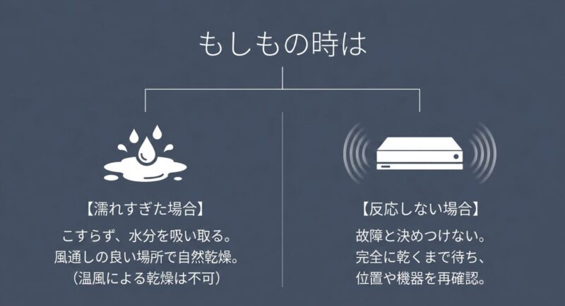 濡れすぎた場合の乾燥手順と、反応しない場合の確認手順をまとめた図解