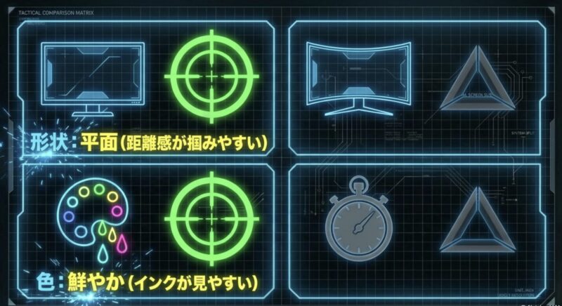 形状は距離感が掴みやすい平面、色はインクが見やすい鮮やかな設定がおすすめであることを示した図