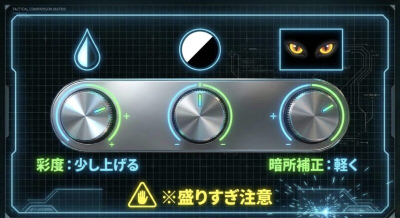 彩度を少し上げ、暗所補正を軽くかけるといった、ゲーム向けモニター設定のポイントを示した図