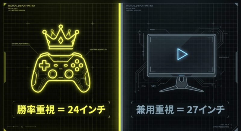 勝率重視なら24インチ、兼用重視なら27インチというモニターサイズ選びの基準を示した図