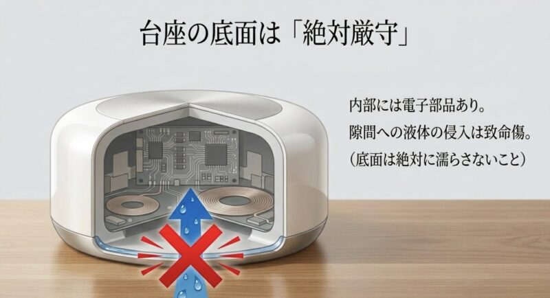 アミーボの台座内部にある電子部品に水が侵入するのを防ぐ図解