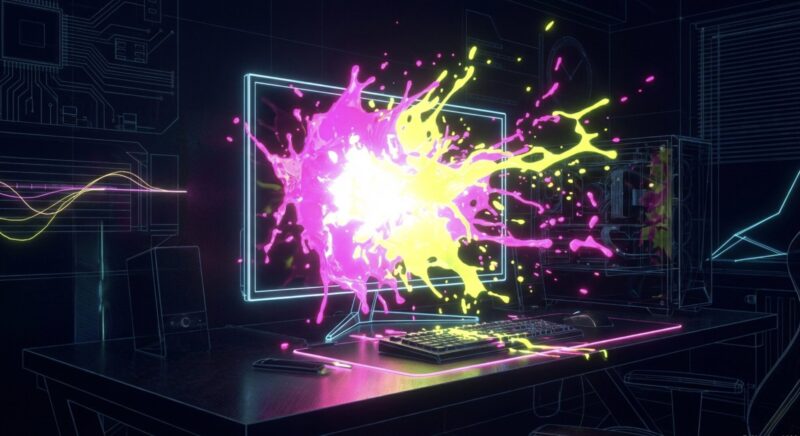 カラフルなインクが飛び散るゲーミングモニターとPCデスク環境のイメージ画像