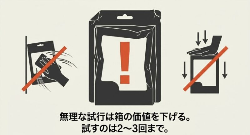 箱がへこんだイラストと、無理な試行は箱の価値を下げるため2〜3回までにすべきという警告文