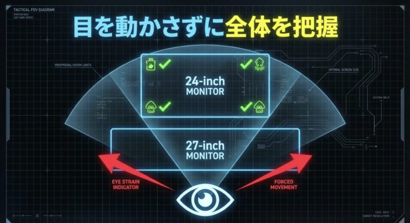 24インチは目を動かさずに全体を把握できるが、27インチは視線移動が必要になることを示した視野の比較図