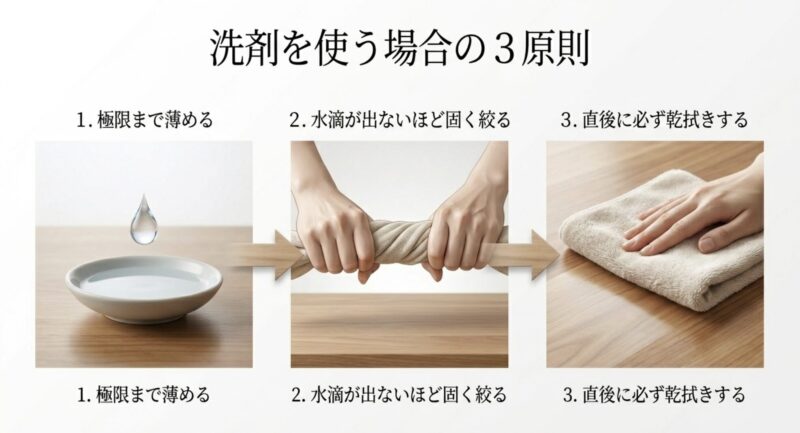 アミーボ清掃時に洗剤を使う場合の3原則として、極限まで薄める、固く絞る、乾拭きする様子を示した画像