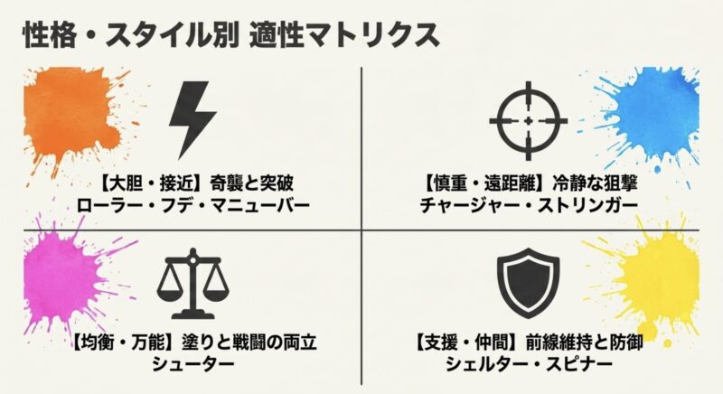 大胆、慎重、均衡、支援といった性格やプレイスタイル別に、適したブキのカテゴリを分けたマトリクス表