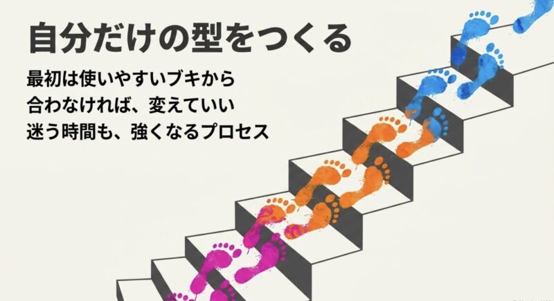 最初は使いやすいブキから始め、合わなければ変えながら自分だけの型を作っていくプロセスを説明したスライド