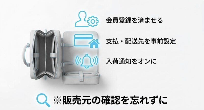 販売元の確認を忘れずに、会員登録、支払・配送先の事前設定、入荷通知のオンなど、アミーボ購入前に済ませるべき準備事項を示す図解