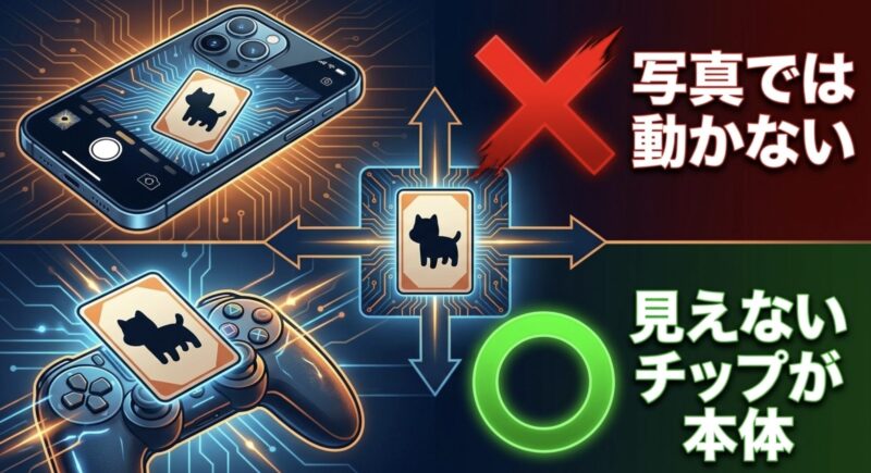 アミーボは写真や画像では動かず、内部の見えないNFCチップが本体であることを示す図解