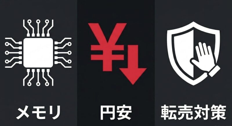 Switch2値上げの背景にあるメモリ高騰、円安、転売対策を示すイメージ図