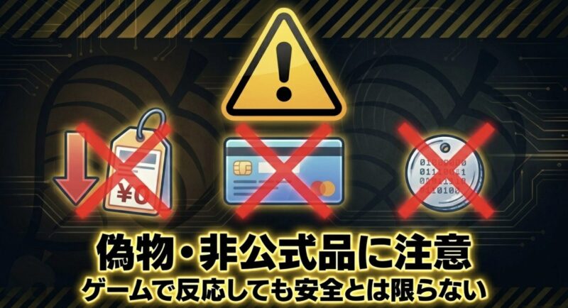 偽物や非公式のアミーボは、ゲームで反応したとしても安全とは限らないことを警告する図解