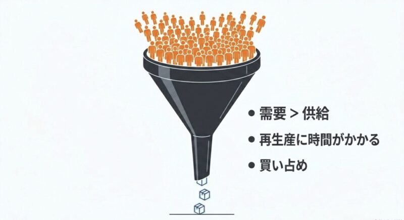 アミーボの需要が供給を上回り、再生産に時間がかかることや買い占めが起きている状況を示す図解