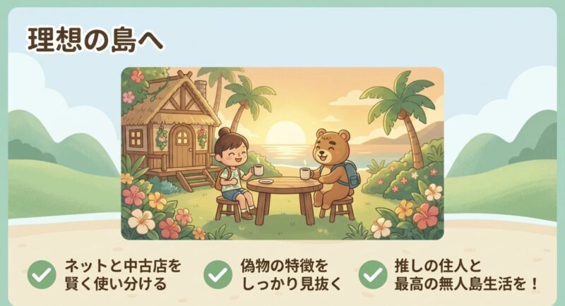 ネット通販と中古店を賢く使い分け、推しの住民と最高の無人島生活を楽しむための記事まとめイラスト