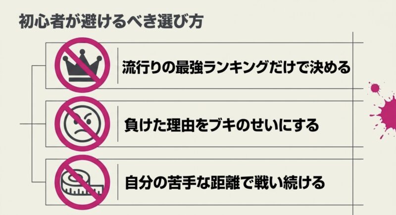 最強ランキングだけで決める、負けた理由をブキのせいにするなど、初心者が避けるべき3つの選び方の注意点