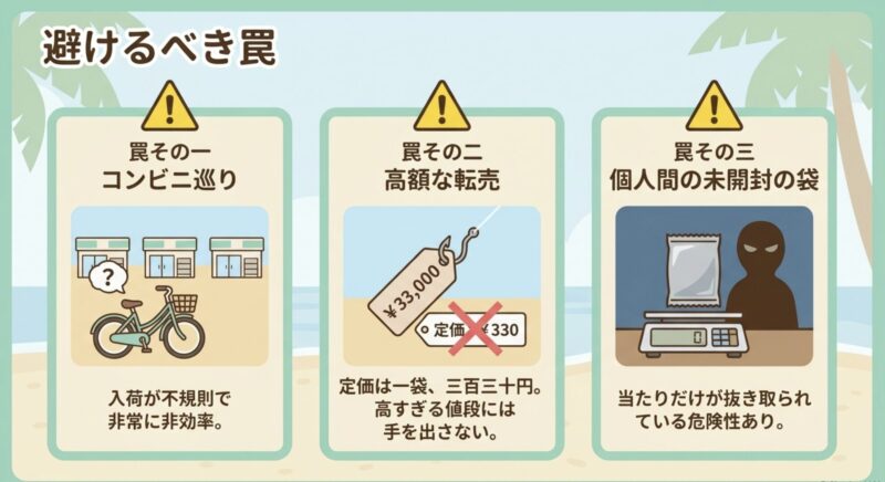 コンビニ巡りの非効率さ、高額な転売価格、サーチ行為の危険性がある個人間の未開封パックという避けるべき3つの罠