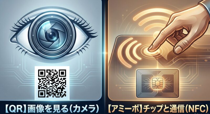QRコードはカメラで画像を読み取り、アミーボはNFCチップと通信する仕組みの違いを示す図解