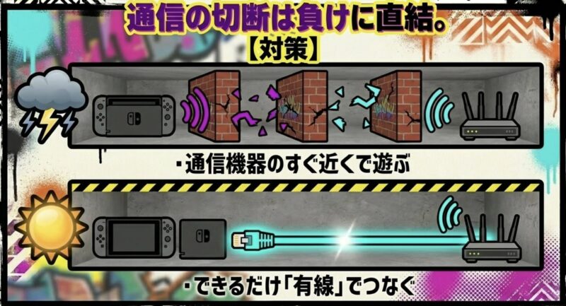通信の切断は負けに直結するため、通信機器のすぐ近くで遊ぶことや、できるだけ有線でつなぐ対策をまとめた図