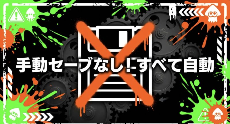 スプラトゥーン3には手動セーブ機能がなくすべて自動で保存されることを解説するスライド