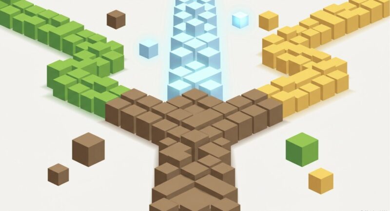 複数の道に分かれるブロックのイラスト。マイクラの選び方を表現したイメージ画像