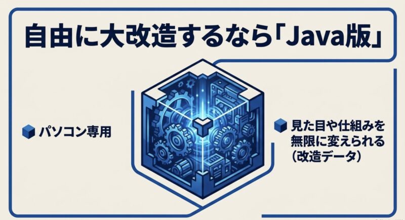 自由に大改造するならJava版と記載された、青い機械的なキューブのイラスト付きスライド。パソコン専用で、見た目や仕組みを無限に変えられる改造データについて説明しています。