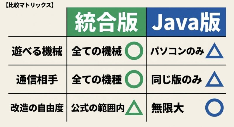 統合版とJava版の比較表。遊べる機械、通信相手、改造の自由度について、それぞれの違いを分かりやすくまとめたマトリックス図です。
