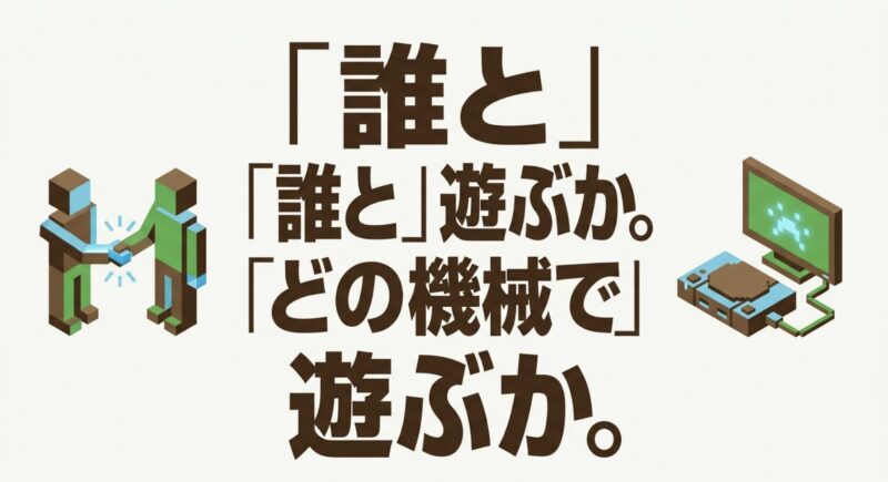 「誰と」「どの機械で」遊ぶかが重要であることを示すスライド