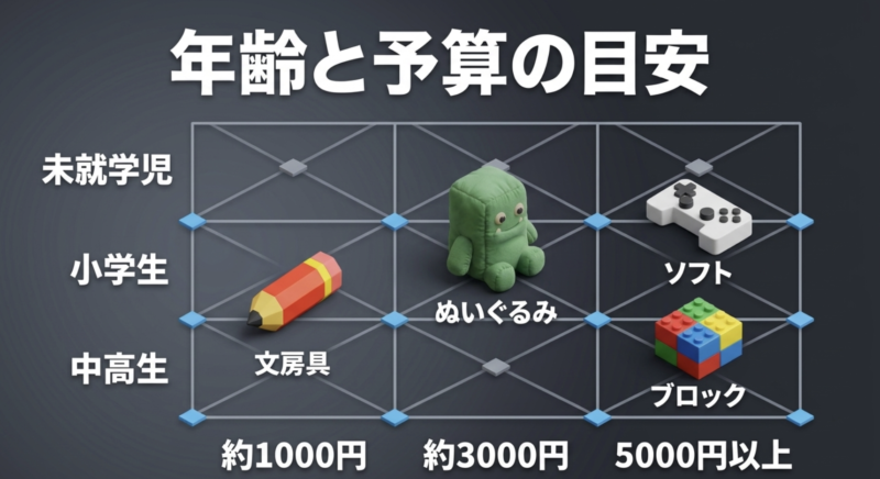 年齢(未就学児、小学生、中高生)と予算(約1000円、約3000円、5000円以上)に応じたおすすめプレゼント(文房具、ぬいぐるみ、ソフト、ブロック)の目安マトリックス