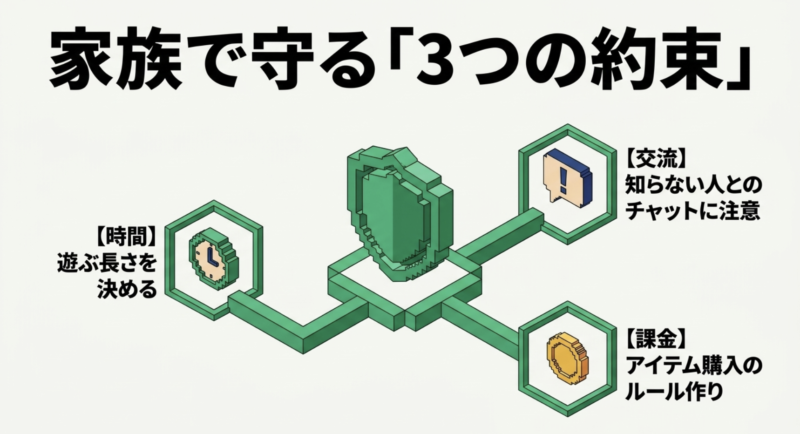 マイクラを安全に遊ぶための3つの約束。遊ぶ時間を決める、知らない人とのチャットに注意する、アイテム購入のルールを作る