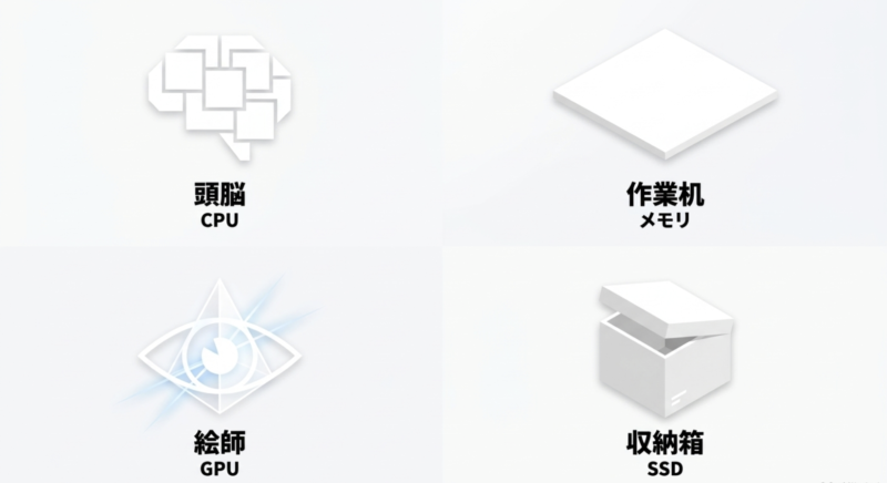 CPUを頭脳、メモリを作業机、GPUを絵師、SSDを収納箱に例えた図解