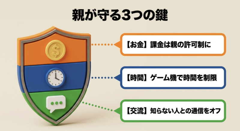 お金の課金制限やゲームのプレイ時間制限および知らない人との通信オフという親が守るべき3つの鍵を示したスライド画像