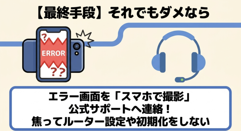 それでもダメならエラー画面をスマホで撮影し、焦ってルーター設定や初期化をせずに公式サポートへ連絡するという最終手段の説明。