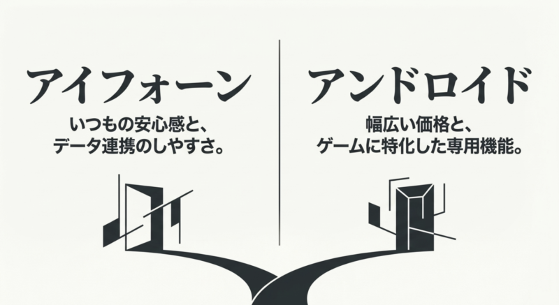 ゲーム用スマホとしてiPhoneの安心感・データ連携のしやすさとAndroidの幅広い価格・ゲーム特化機能を比較した図解
