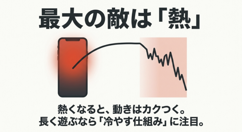 スマホゲーム最大の敵である発熱によって動作がカクつく仕組みと長時間遊ぶための冷却設計の重要性を示すグラフ図解
