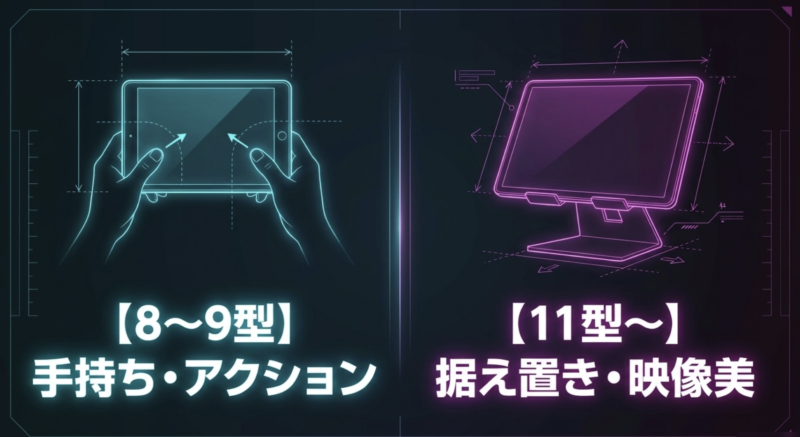 手持ちやアクション向けの8〜9型タブレットと据え置きや映像美向けの11型以上の比較図