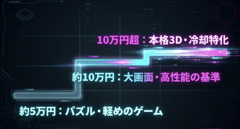 10万円超は本格3D・冷却特化、約10万円は大画面・高性能の基準、約5万円はパズル・軽めのゲーム向けとする予算別目安の図解