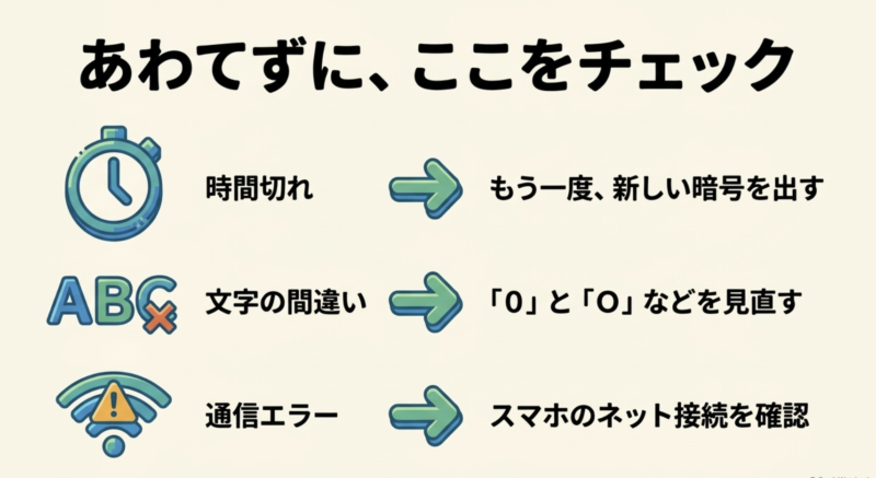 サインインできない時の確認事項として、時間切れ、文字の間違い、通信エラーの3つをチェックする図解