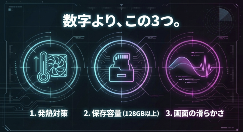 カタログの数字よりも発熱対策、128GB以上の保存容量、画面の滑らかさの3つを重視する選び方の図解